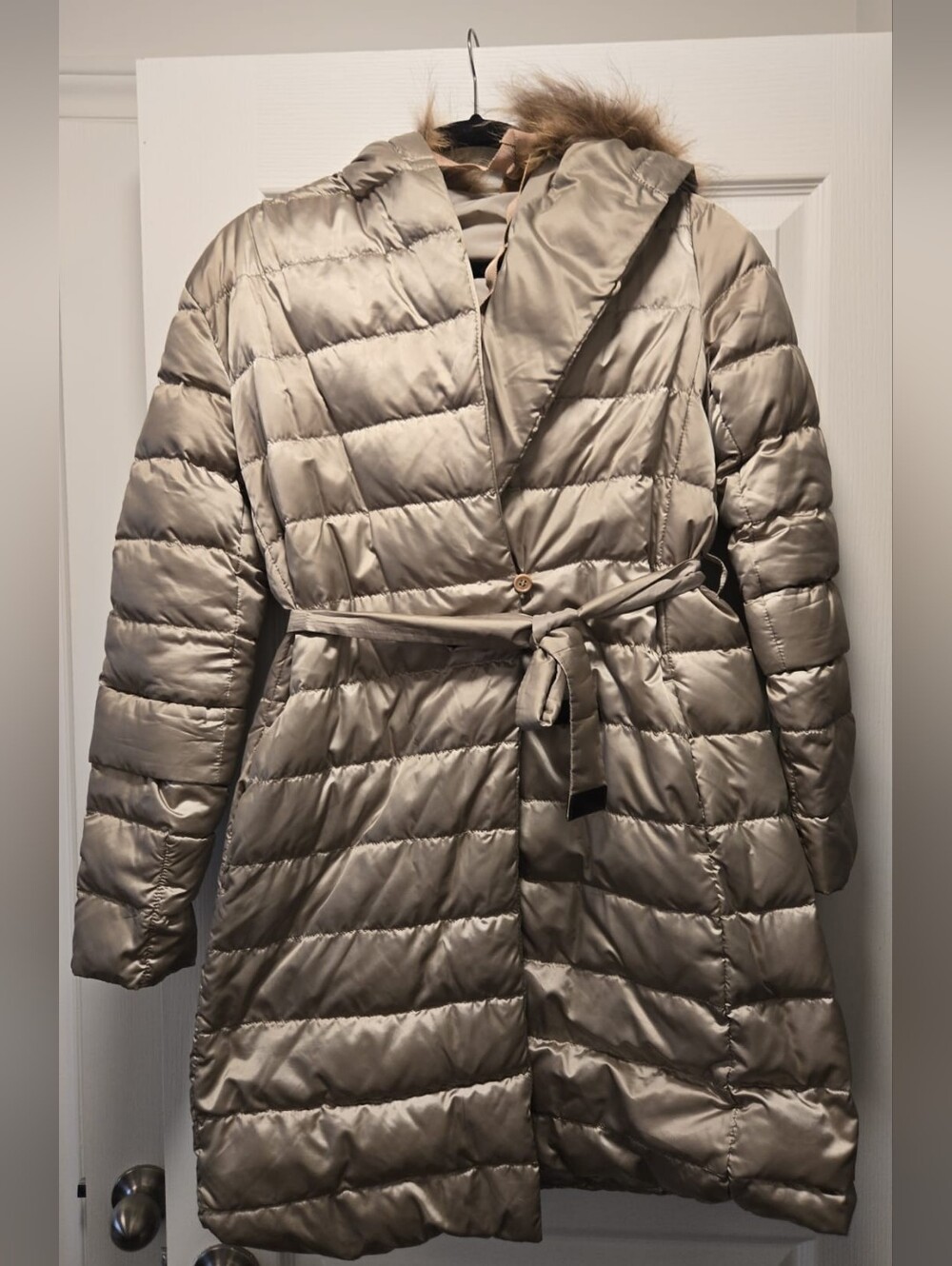 MaxMara Quilted Belted Puffer Coat in Taupe with Fur-Trim Hood